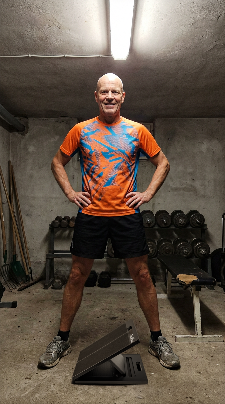 Man 70 år, träning, slant board, källare